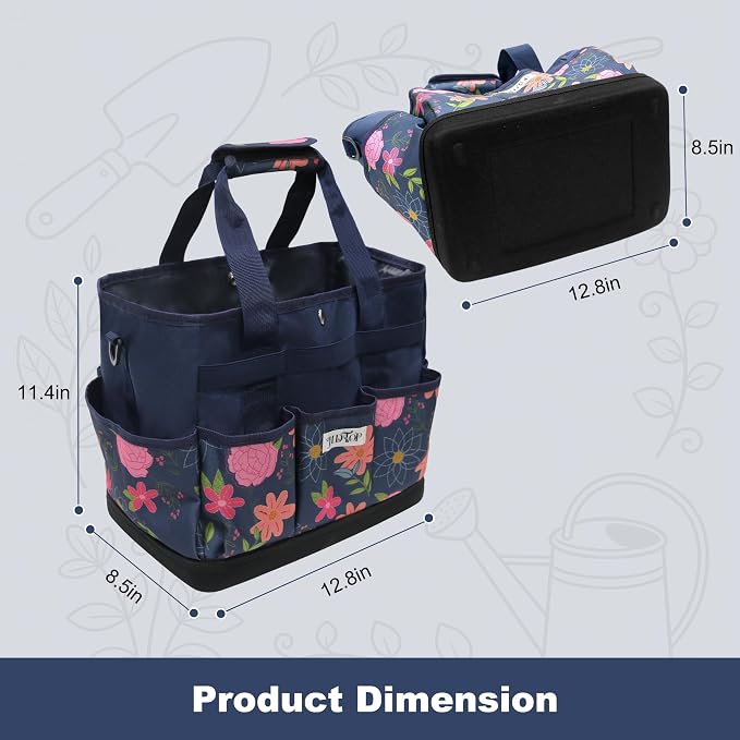 Garden Tool Bag with Hard Bottom, Multi-Pockets Gardening Tote with Shoulder Strap, for Women Outdoor Yard Plant Work Gift (Tools Not Included) (Blue Floral)
