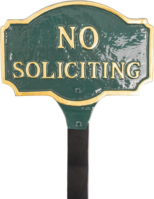 Montague Metal Products Montague No Soliciting Statement Plaque, Cast Metal No Soliciting Statement Sign - WALL Display - Warning Sign - Business Signage - Easy to Install - UV Resistant (Green/Gold, 4.5" x 7.15" with 17.5" Lawn Stake)