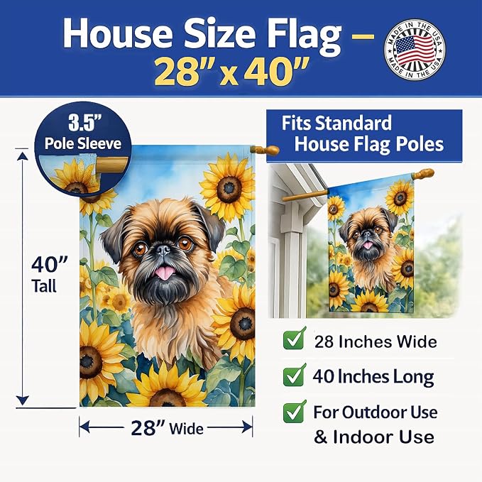 Caroline's Treasures DAC6041CHF Brussels Griffon in Sunflowers House Flag Large Porch Sleeve Pole Decorative Outside Yard Banner Artwork Wall Hanging, Polyester, House Size, Multicolor