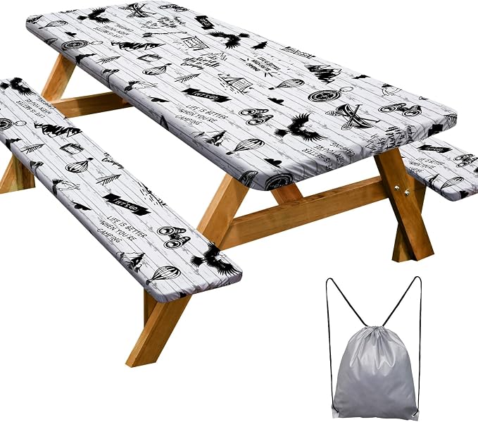 Picnic Table Cover with Bench Covers Camping Essentials Waterproof Windproof Camping Tablecloth with Drawstring Bag, Fitted Rectangle Tables and Seats, 96in, White