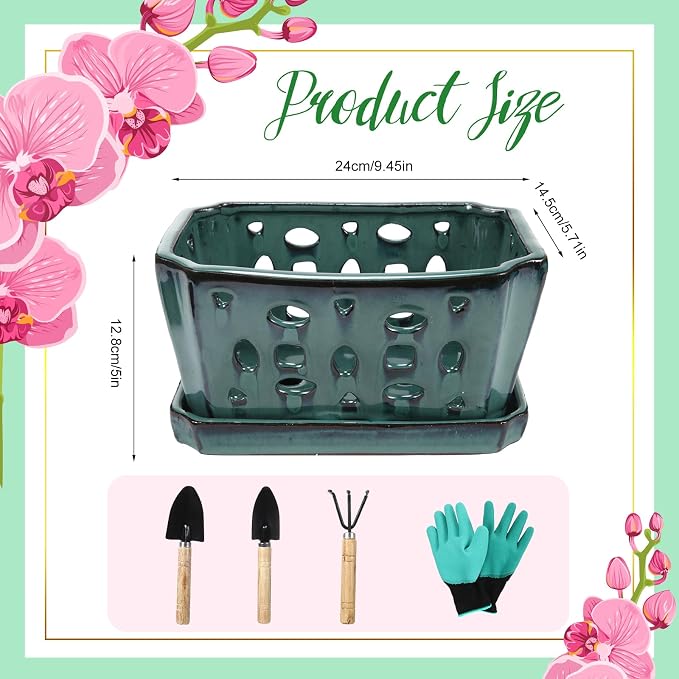 Teenyyou 1 Set Orchid Pot with Holes 9.5 Inch Ceramic Orchid Pot with Saucers for Repotting Amaryllis Flower Planter Include Gardening Shovel Set and Gloves for Home Decor(Green)