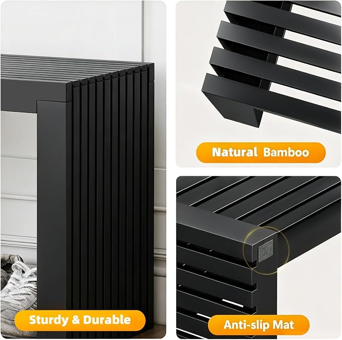 Bamboo Dining Bench, 18'' Slatted Design Entryway Bench, Black | Modern Solid Bamboo Seating Bench for Indoor & Outdoor Use, Ideal for Kitchen, Hallway, Bedroom