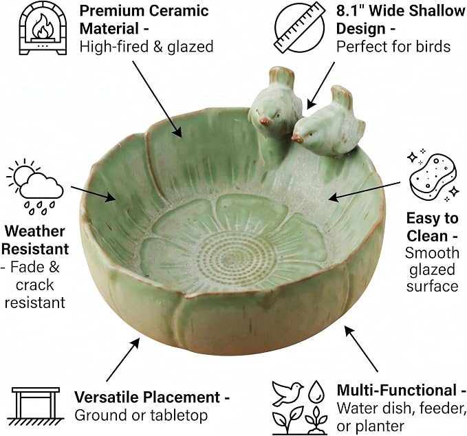 Ceramic Bird Bath for Outdoors, 8.1" Garden Bird Bath Bowl, Tabletop or Ground Birdbath Dish, Weather Resistant Bird Water Bowl for Patio, Balcony, Lawn & Garden
