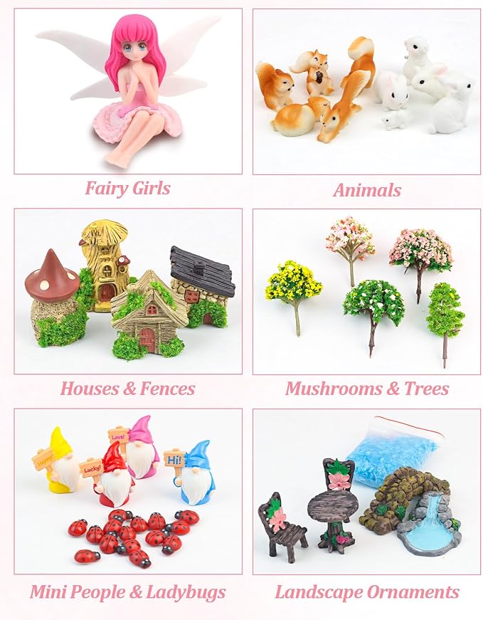 Avalution 70 Pcs Fairy Garden Accessories Kit – Miniature DIY Fairy Garden Accessories, Indoor & Outdoor Garden Decorations, Weather Resistant, Gift Bags Included