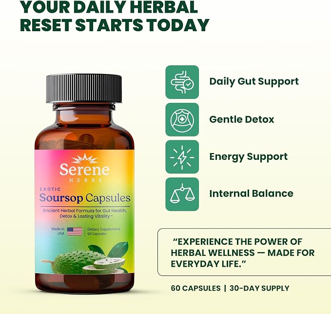 Serene Herbs Graviola Soursop Capsules Organic - Guanabana Extract Pills with Black Seed, Irish Moss & Moringa - 16 Herb Daily Supplements & Digestive Support - Vegan, Non-GMO (Pack of 1)
