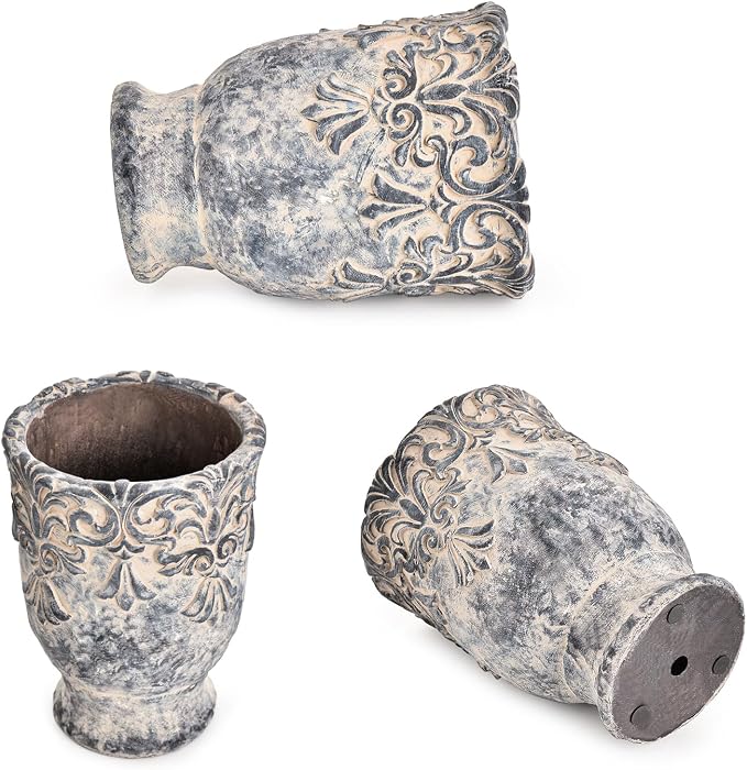 Sungmor 6.3 Inch Cement Plant Pot for Plants, Succulent Planter with Embossed Design, Vintage Concrete Flowerpots with Drainage Hole, Decorative Orchid Houseplant Pot Indoor Outdoor Plant Container