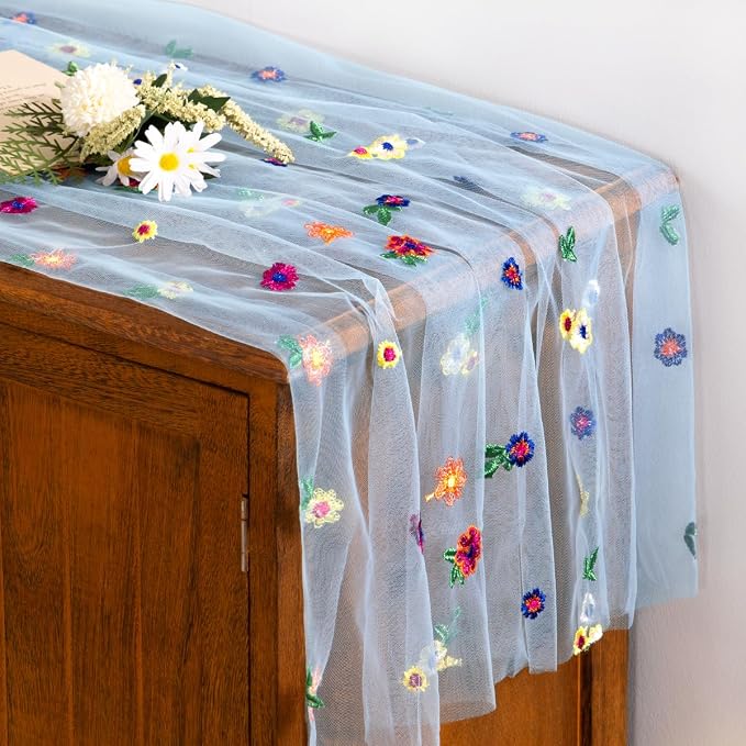 Socomi Flower Table Runner Summer Daisy Floral Tulle Gauze Cheesecloth Embroidery Table Runners for Tea Party Garden Wedding Bridal Baby Shower Birthday Picnic Decor Blue 1pc