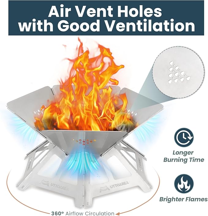 21" Portable Outdoor Fire Pit with Charcoal Grill Net & Storage Bag | 0.8mm Thick Stainless Steel, For Patio, Backyard BBQ, Camping & Beach Bonfires