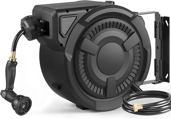 wikiwiki Retractable Garden Hose Reel 1/2 in x 50 ft, Heavy Duty Wall Mounted Hose Reel with 10- Function Sprayer Nozzle, Automatic Slow Return System/180°Swivel Bracket/UV Resistant (Black)