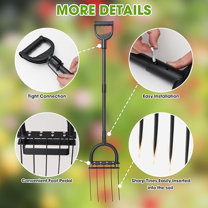 Broad Fork Garden Tool, 50” Heavy Duty Broadfork Hand Tiller with Double 5 Sharp Tines, Garden Pitchfork with Ergonomic D-Shaped Handle, Spading Digging Fork for Compost Soil Cultivating Loosening