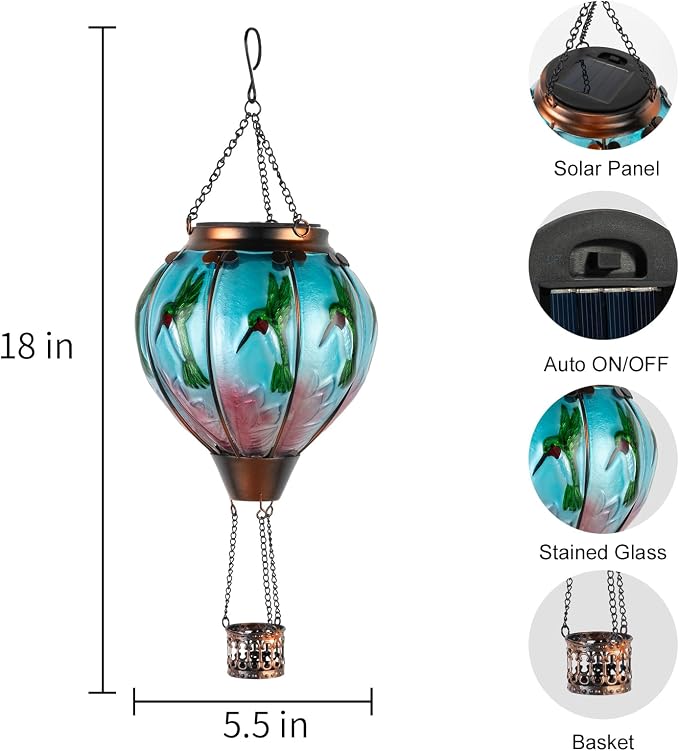 Larekook Hummingbird Hot Air Balloon Solar Lantern Outdoor Waterproof,Glass Garden Decor,Solar Hot Air Balloon Lantern with Flame Flickering Light for Yard Patio Lawn,Hummingbird Gifts for Women Mom