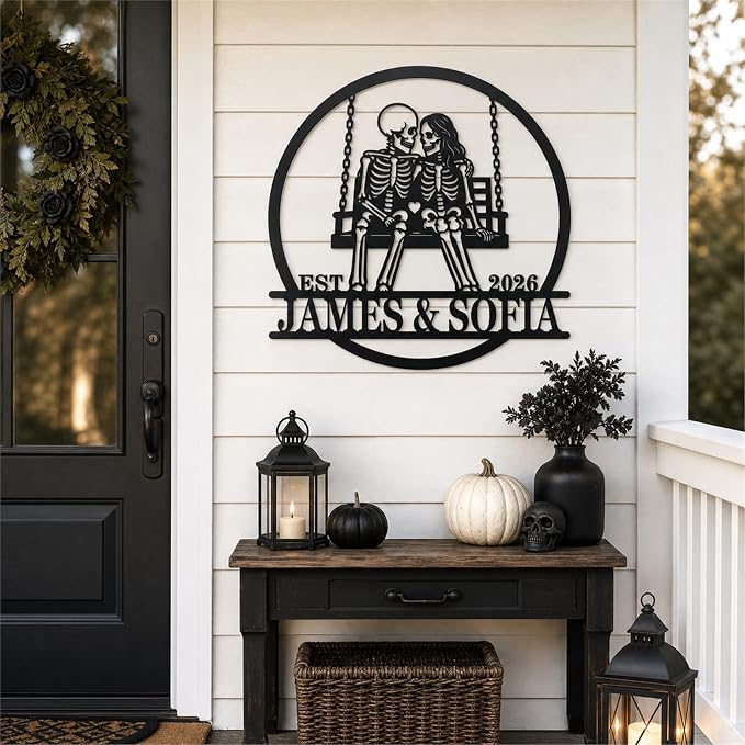 Personalized Skeleton Couple Metal Sign, Custom Couple Name Metal Wall Art, Gothic Wedding Decor, Halloween Home Decor for Living Room Bedroom Entryway