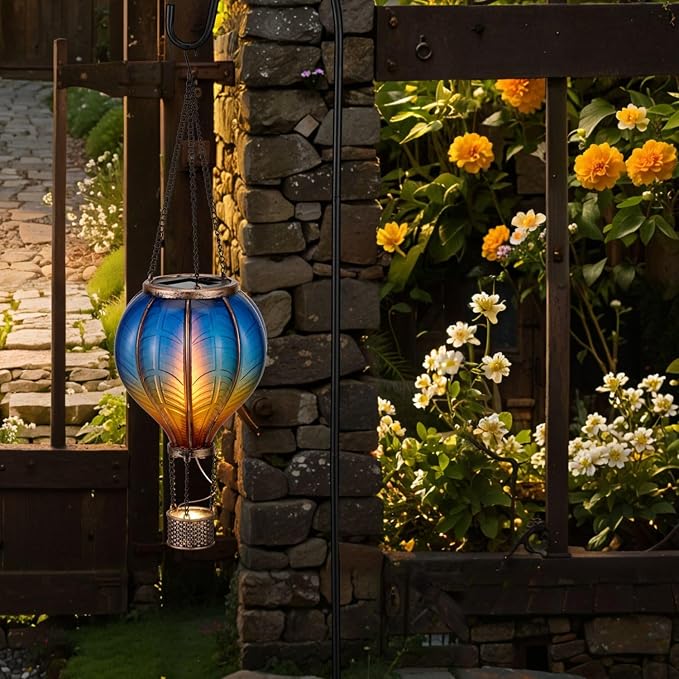 TERESA'S COLLECTIONS Hot Air Balloon Lantern for Garden Decor ,Flickering Flame Hanging Light for Outdoor ,Blue & Yellow Plastic Lamp for Yard Tree Gift for Mom