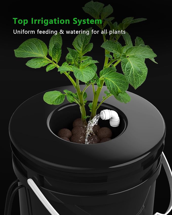 2 Buckets 5 Gallon DWC Hydroponic System, Built-in Drain Tap, Top Drip Kit with 12W 4-Outlet Air Pump, Rockwool, Clay Pebbles & Air Stones for Tomato Pepper Large Indoor Plants