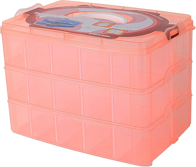 Sooyee Craft Storage Organizer, 3-Tier Plastic Sewing Box with Dividers, Storage Containers for Organizing Art Supplies, Fuse Beads, Washi Tape, Jewelry, Tool, Toy, Orange, 10"(L) x 6.7"(W) x 7"(H)