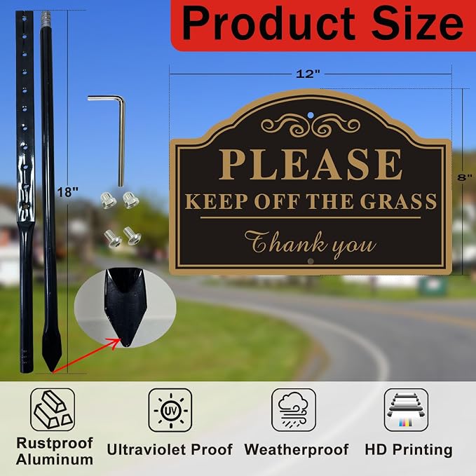 2-Pack Keep Off The Grass Signs, with 36"Tall Metal Stakes, 8x12 Inches Aluminum Yard Signs, Black and Gold ﻿
