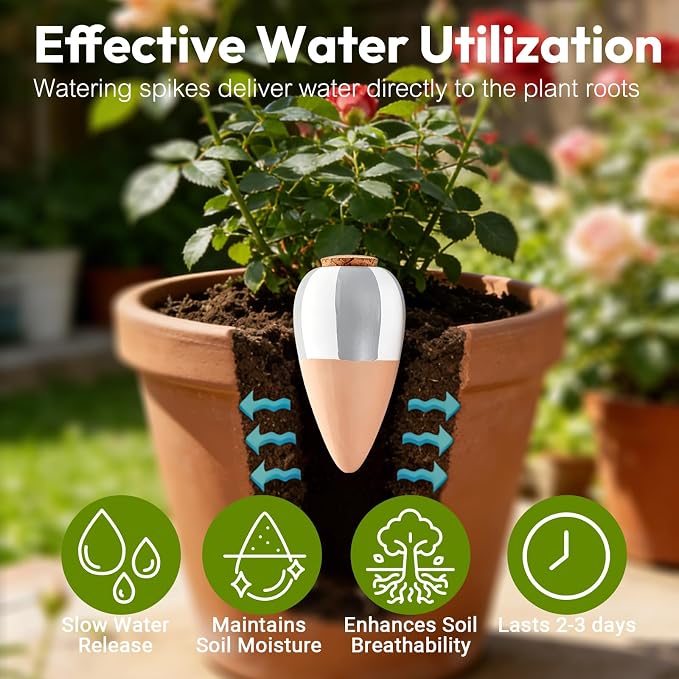 4 Pack Terracotta Watering Spikes, Plant Watering Devices Wine Bottle Automatic Plant Self Watering Spikes for Vacations, Clay Self-Watering Stakes for Indoor Outdoor Plants