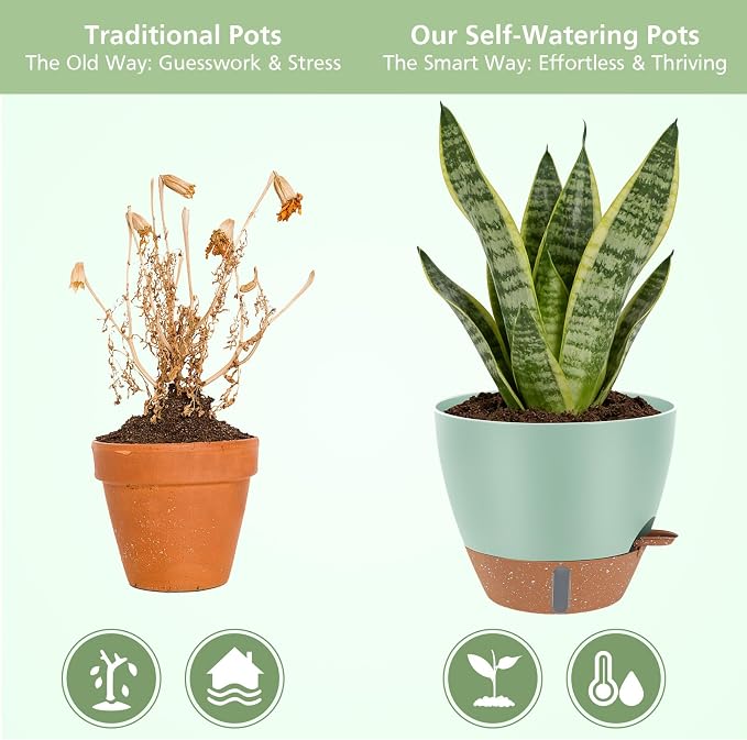 Self Watering Pots with Water Level Indicator, 12" 10" 9" 8" Large Plastic Flower Pots with Mesh Drainage Hole and Removable Saucer Reservoir for Indoor Outdoor Plants (Green)