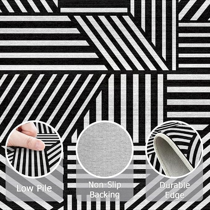 6x9 Black and White Geometric Stripe Area Rug for Living Room Bedroom Abstract Modern Large Rug Machine Washable Non-Slip Carpet for Dining Room Office