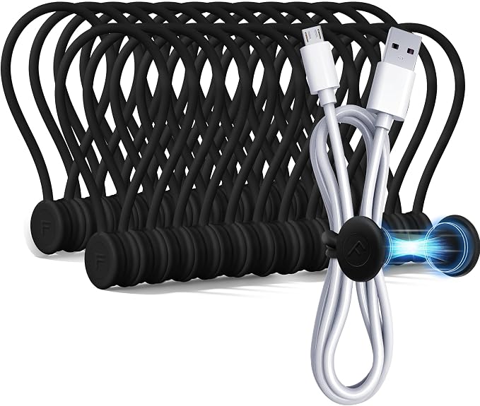 COOLMI Magnetic Cable Ties 24 Pack, 6.88 Inch Reusable Silicone Cord Organizer Wraps, Strong Magnet Cable Management Straps for Charging Cords, USB Cables, Earbuds, Desk, Travel, Black