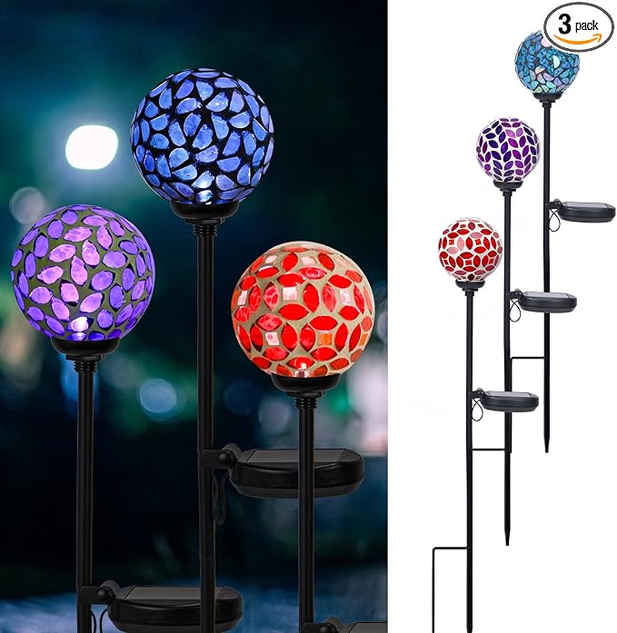 VCUTEKA Decorative Solar Garden Lights, 3.5 inch Mosaic Globe Stake 3 pack