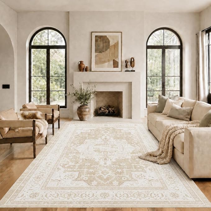 8x10 Area Rugs Living Room: Bedroom Vintage Washable Carpet Beige | Large Non-Slip Soft Rugs Stain Resistant Printed Rug Indoor Carpet for Bedroom Kitchen Dining Room Nursery Playroom Home