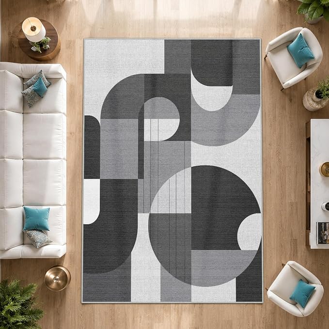 5x7 Black and White Geometric Modern Area Rug for Living Room Bedroom Abstract Large Rug Machine Washable Non-Slip Carpet for Dining Room Office