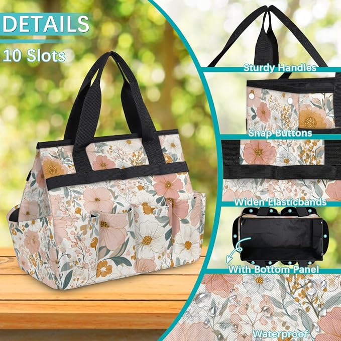 Garden Tote Bag with 10 Pockets Vintage Flowers Heavy Duty Gardening Bags for Tools Organizer Storage Bag with Handle for Garden Lawn Yard Casual