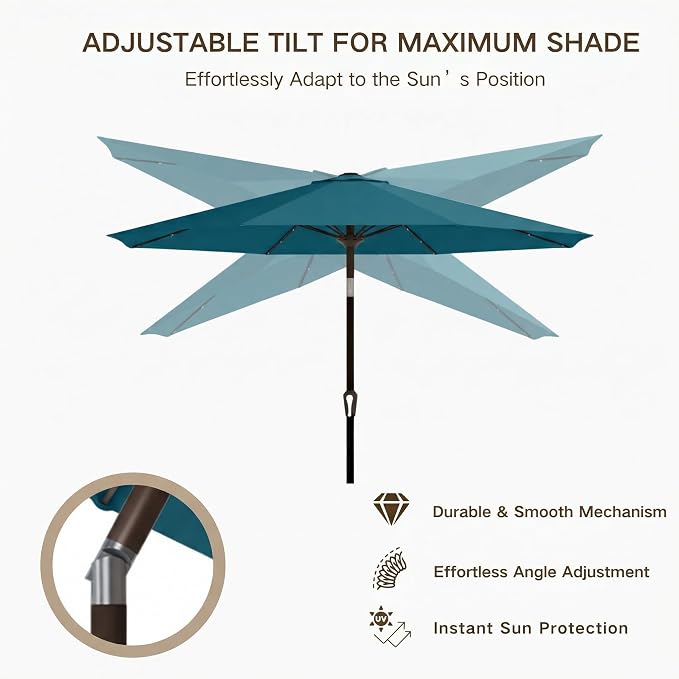 Kingdura 9FT Outdoor Patio Umbrella with Solar Lights, Market Table Umbrella with Push Button Tilt & Crank, 8 Sturdy Ribs, 32 LED Lights, UV Protection for Garden Lawn Deck Backyard Pool (Lake blue)