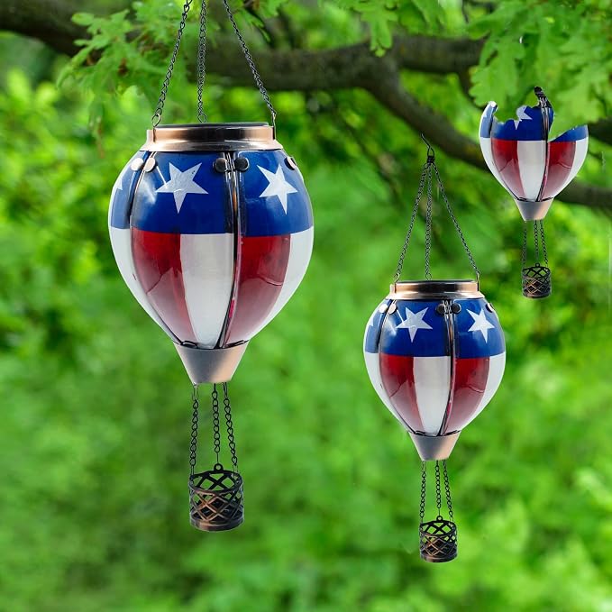 Glass Solar Hot Air Balloon Lantern with Flame Hanging Garden Flickering Light Outdoor Waterproof for Yard Patio Tree 4th of July Decorations, Flag-C