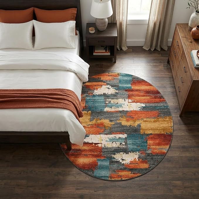 4Ft Burnt Orange and Teal Abstract Brushstroke Area Rug | Soft Low-Pile Machine-Washable Rug with Non-Slip Backing for Dining Rooms, Entryways and Reading Areas for Easy Everyday Care