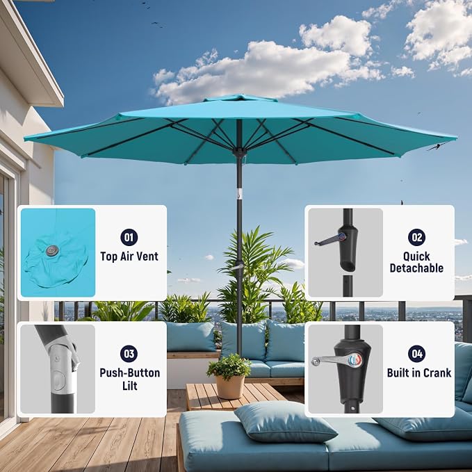 Outdoor Patio Umbrella with One Push Button Tilt and Crank, 8 Sturdy Ribs Market Table Umbrella