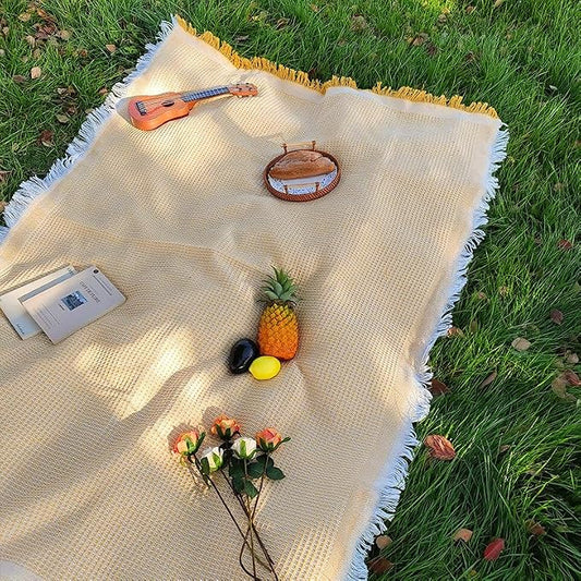 70"x 70" Picnic Blanket Extra Large,Layer Outdoor Blanket for 5 to 7 Adults,Camping Grass Lawn Park Accessories Cute Couple Gifts Ideas Wedding Registry for Park, Beach (Yellow)