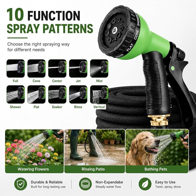 100FT Non-Expandable Garden Hose, Lightweight Flat Water Hose with 10-Function Spray Nozzle, 3/4" Metal Fittings, Kink-Resistant Easy Storage for Patio, Garden, RV, Small Yard, Car Wash, Black