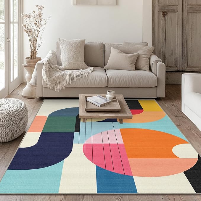 4x6 Area Rug Colorful Boho Geometric Carpet Modern Abstract Rug for Living Room Bedroom Machine Washable Non-Slip Rug for Dining Room Bedside Office