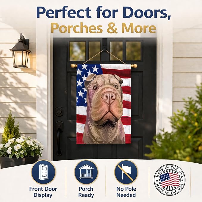 Caroline's Treasures CK6702CHF Shar Pei Dog American Flag House Flag Large Porch Sleeve Pole Decorative Outside Yard Banner Artwork Wall Hanging, Polyester, House Size, Multicolor