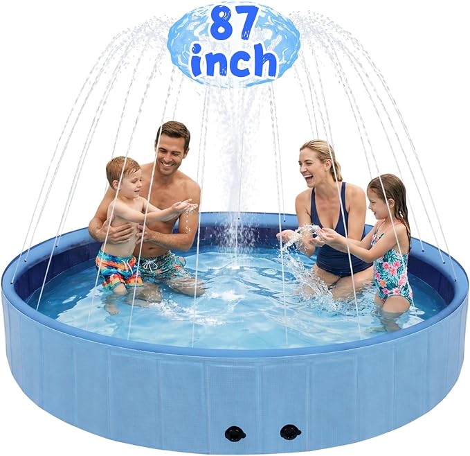 Eooqi Foldable Dog Pool with Sprinkler, Extra Large Thickened Splash Pool | 2-in-1 Outdoor Summer Water Play Toy, Non-Slip Hard-Side Kiddie Pool for Backyard Dogs, Kids & Pets (Blue, 87"-5XL)