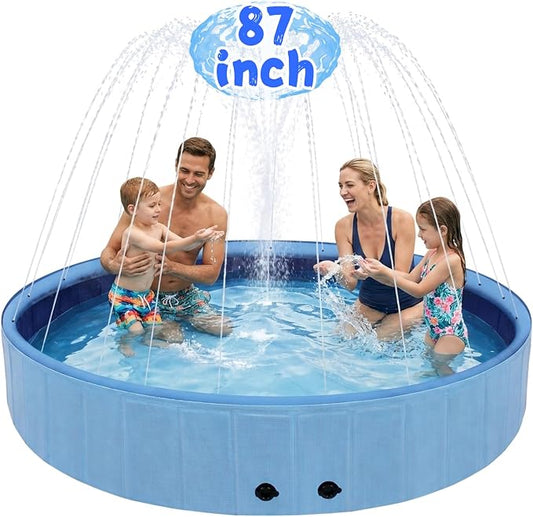 Eooqi Foldable Dog Pool with Sprinkler, Extra Large Thickened Splash Pool | 2-in-1 Outdoor Summer Water Play Toy, Non-Slip Hard-Side Kiddie Pool for Backyard Dogs, Kids & Pets (Blue, 87"-5XL)