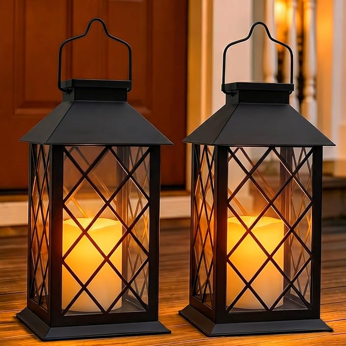 Solar Lanterns Outdoor Waterproof, 2 Pack 14'' Large Tempered Glass Outdoor Lanterns with Flameless Candle, Solar Hanging Lantern Decorative for Patio Porch Garden Table Deck Outside - Black
