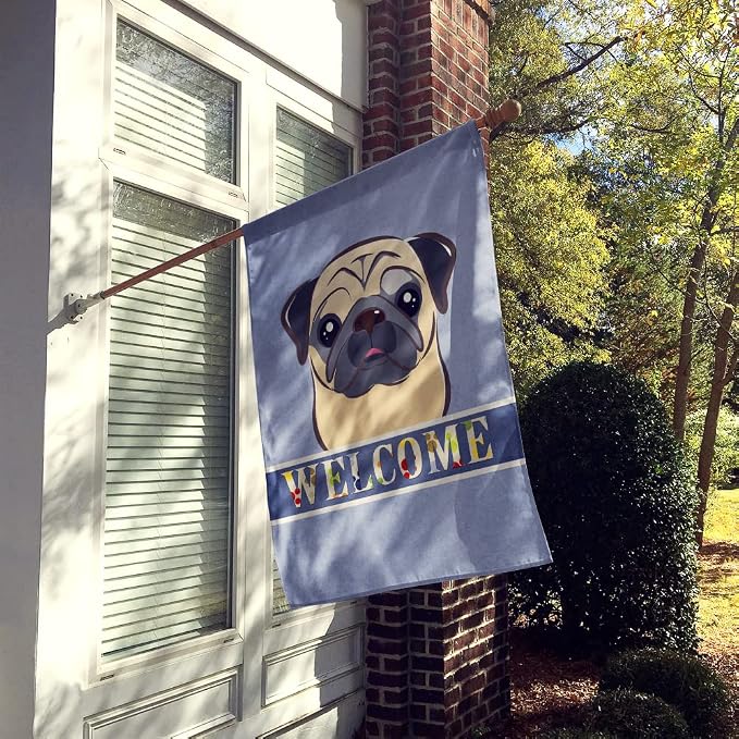 Caroline's Treasures BB1448CHF Fawn Pug Welcome House Flag, Blue Large Porch Sleeve Pole Decorative Outside Yard Banner Artwork Wall Hanging, Polyester, House Size, Multicolor