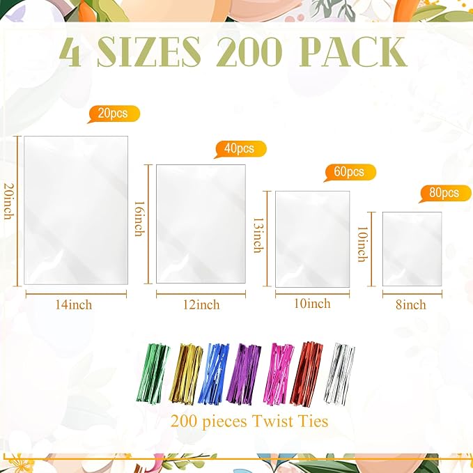 Boao 4 Sizes 200 Pieces Clear Plastic Cellophane Bags Cello Treat Bags with Mix Colors Twist Ties for Christmas Birthday Holiday (10 x 8 In,13 x10 In,16 x 12 In, 14 x 20 in)