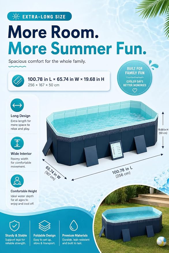Non-Inflatable PVC Folding Swimming Pool Capacity Outdoor & Indoor Portable Pool for Patio, Garden, Yard, Adult & Family Summer Relaxation (100.78 Inch)