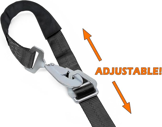 2" x 8ft PowerTye Mfg Auto/Axle Ratchet Tie-Downs with Integrated Adjustable Axle Loop, Industrial-Grade Locking Ratchet and Secure Twist Hooks, Black (Pair)