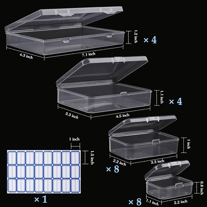 24 Pack Mixed Sizes Rectangular Mini Plastic Containers Clear Plastic Storage Boxes with Hinged Lids and Labels Empty Beads Organizers for Small Items Art Craft Jewelry Projects
