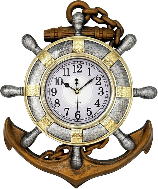Anchor Outdoor Clock, Nautical Ship Wheel Rudder Wall Clock, Beach Sea Style Decorative Clock for Patio, Pool, Porch (Vintage+Gold+Silver)