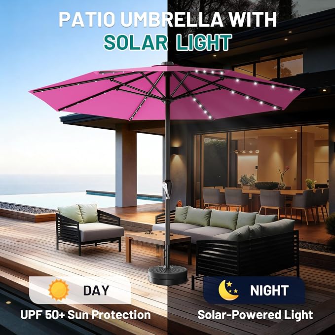 AreShark 12FT Large Patio Umbrella with Solar Lights, Solar Powered Outdoor Umbrella with Crank, Patio Table Market Umbrellas for Garden, Deck, Backyard, Pool and Beach, Rose Pink