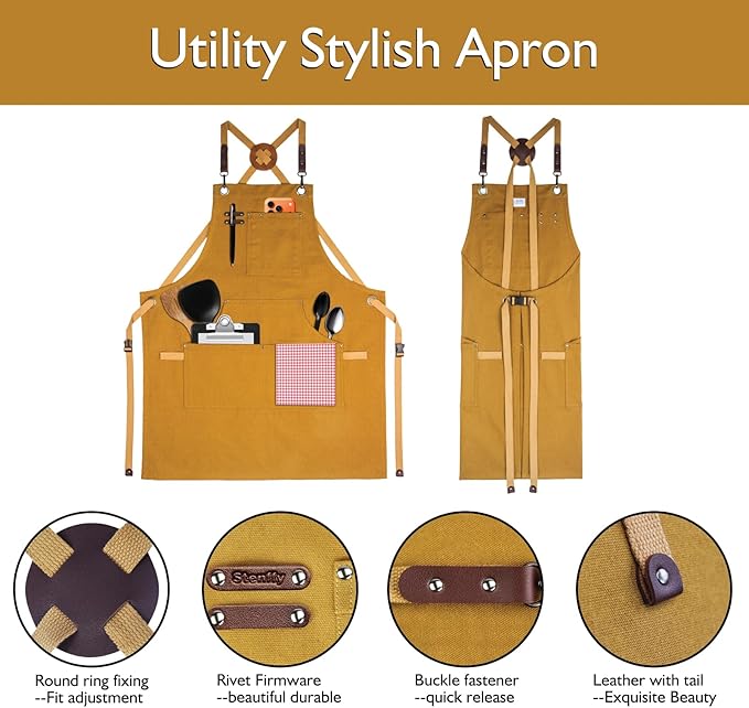 10 Pack Kitchen Apron, Work Apron, Canvas Apron, Khaki | Multiple Pockets, Gardening, Painting, BBQ, Artist, Carpenter, Sizes M to XXL