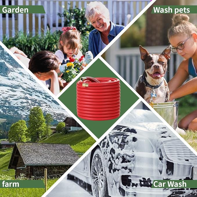 Guitrees 150FT 5/8 Heavy Duty Rubber Garden Hose - 300psi Working, 1000psi Burst - Hot/Cold Water - Five-Layered Braiding for Durability - Versatile for Gardening, Agriculture, Construction(Red)