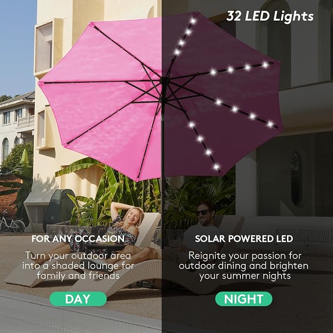 JEAREY 9FT Outdoor Patio Umbrella with Solar Lights, LED Lighted Pool Umbrella with Tilt and Crank, Outdoor Table Umbrellas for Deck, Yard & Market (Rose Pink)