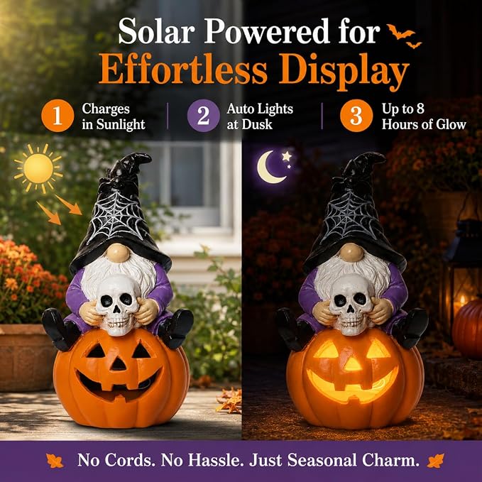 Solar Halloween Gnome Statue Outdoor Decor Lighted Pumpkin Garden Figurine | Halloween Yard Decoration for Patio Lawn Entryway Solar Gnome Statue Outdoor Decor Lighted Pumpkin Skull Garden Figurine